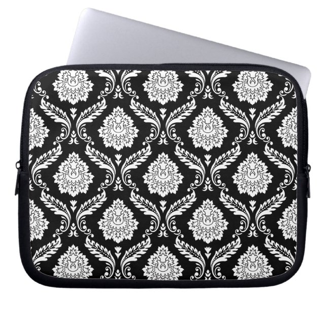 Rococo Damask Stort Mönster Vitt på Svart Laptop Fodral (Framsidan)