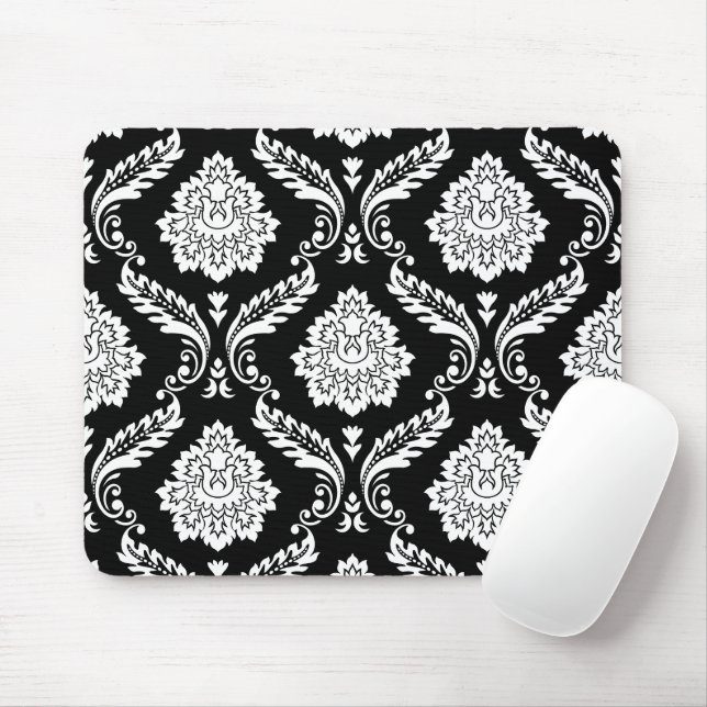 Rococo Damask Stort Mönster Vitt på Svart Musmatta (Med mus)