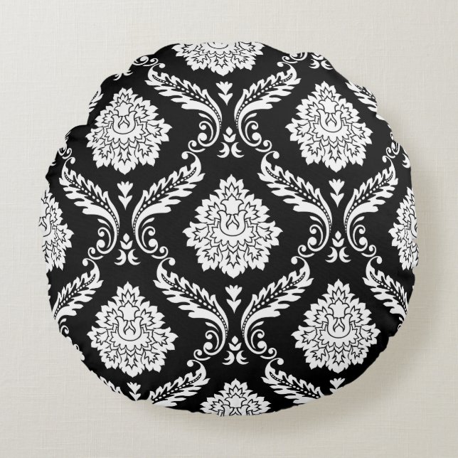 Rococo Damask Stort Mönster Vitt på Svart Rund Kudde (Framsidan)