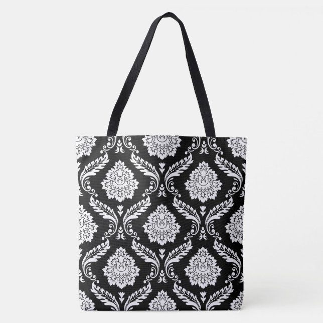 Rococo Damask Stort Mönster Vitt på Svart Tygkasse (Framsida)