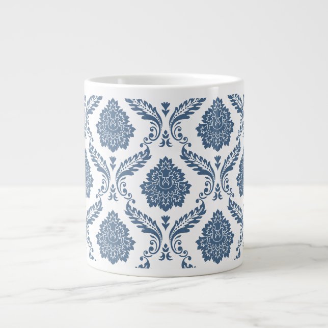 Rococo Damaskmönster Blått på Vitt Jumbo Mugg (Framsidan)
