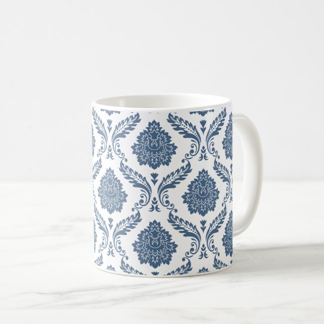 Rococo Damaskmönster Blått på Vitt Kaffemugg (Framsida höger)