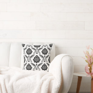 Rococo Damaskmönster Grått Svart Vitt Kudde