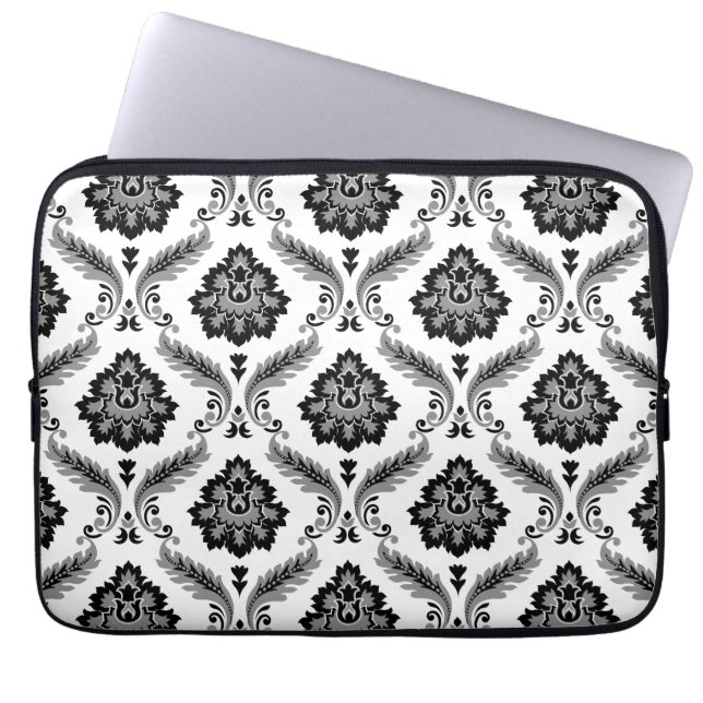 Rococo Damaskmönster Grått Svart Vitt Laptop Fodral (Framsidan)