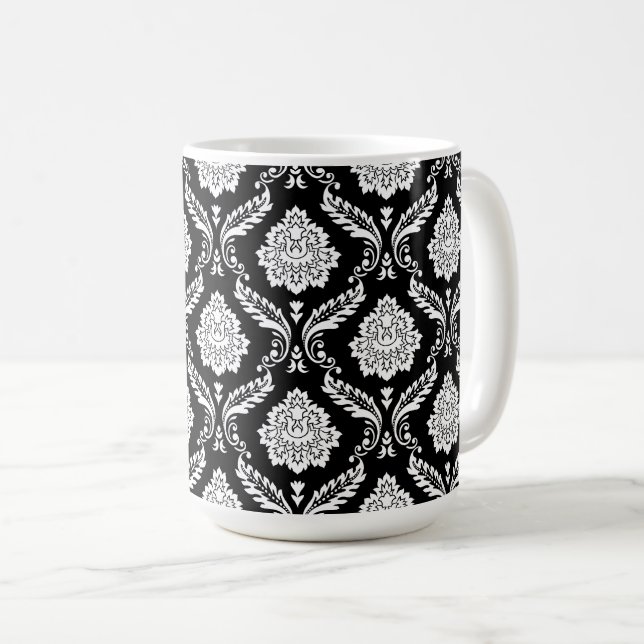 Rococo Damaskmönster Vitt på Svart Kaffemugg (Framsida höger)