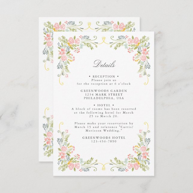 Rococo Garden Ornate Floral Wedding QR Details Tilläggskort (Fram/baksida)
