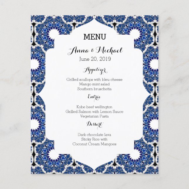 Rococo Indigo Bevackra Blue Bröllop Menu (Framsida)