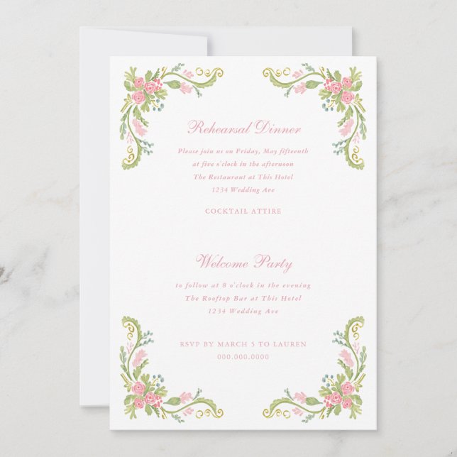 Rococo Ornate Floral Border Rehearsal Dinner Inbjudningar (Framsida)