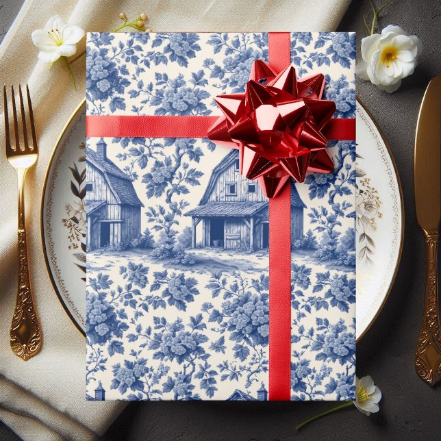 Rococo Ornate French Toile Floral Blue Rustic Barn Presentpapper (Rococo Ornate French Toile Floral Blue Rustic Barn Wrapping Paper)