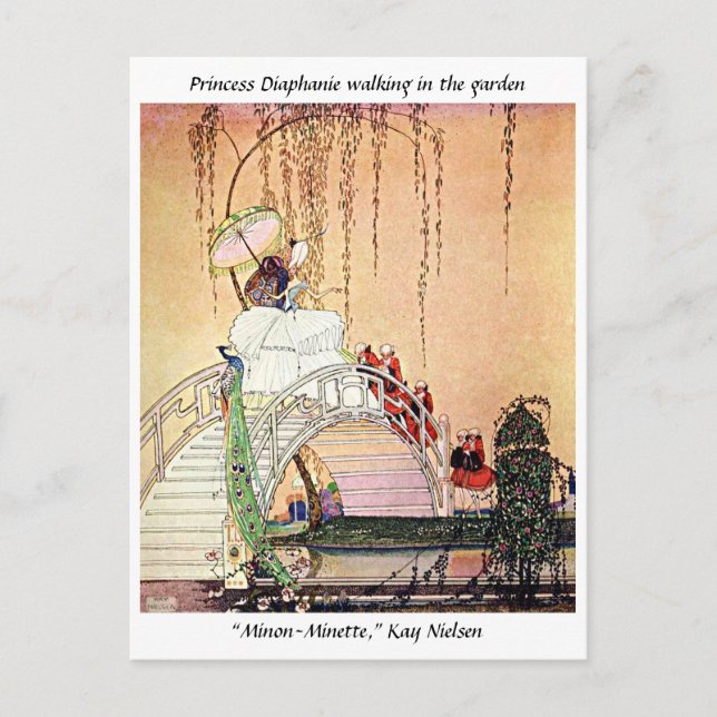 Rococo Princess som går i en sagitträdgård Vykort (Framsida)