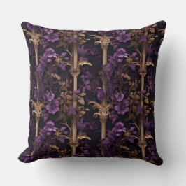 Rococo Realms: Golden Mörk Lila Blommigt Columns Kudde