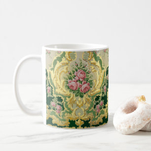Rococo Rosa ros Blommigt Medallion Guld Ram Kaffemugg