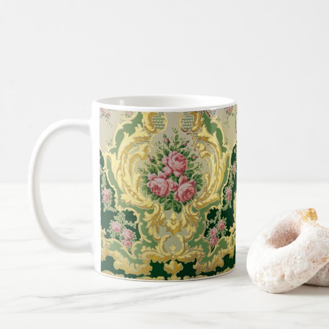 Rococo Rosa ros Blommigt Medallion Guld Ram Kaffemugg (Med munk)