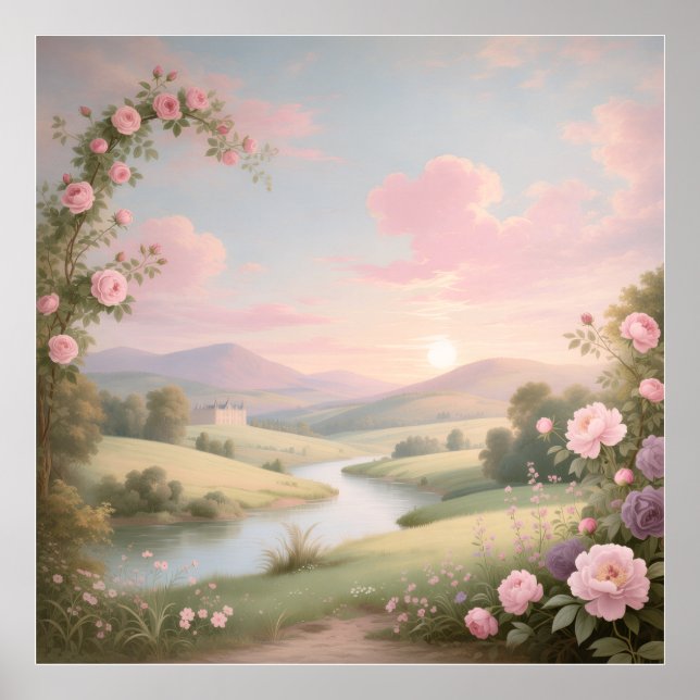 Rococo Rose River Landscape Mural Poster (Framsidan)