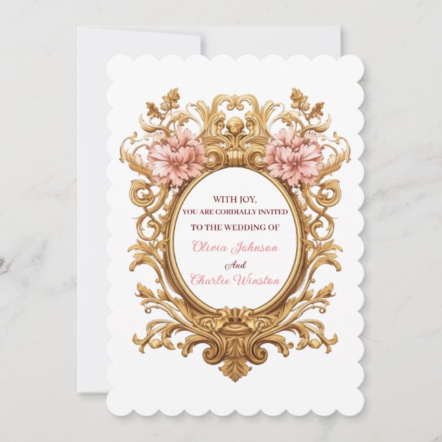Rococo Royal Wedding Blush Florals Golden Scrolls Inbjudningar (Framsida)