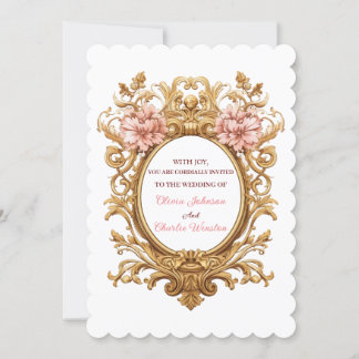 Rococo Royal Wedding Blush Florals Golden Scrolls Inbjudningar