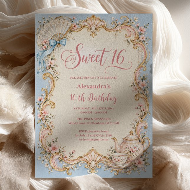 Rococo Sweet 16 Blå Te-fest Inbjudningar (Skapare uppladdad)