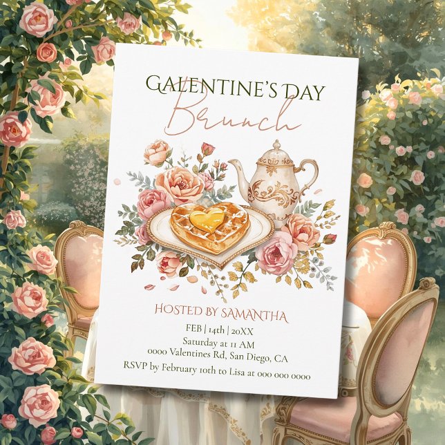 Rococo Tekanna Hjärt Waffle Galentine Brunch Blomm Inbjudningar (Skapare uppladdad)