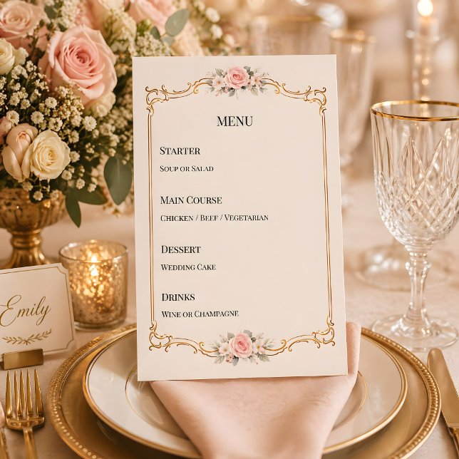 Rococo tema Elegant Rosa Bröllop Meny (Ricoco themed wedding reception dinner menu)
