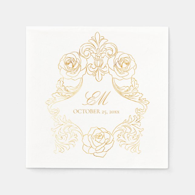 Rococo Vapensköld Monogram Golden Foil Bröllop Log Pappersservett (Framsidan)