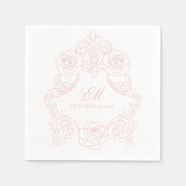 Rococo Vapensköld Monogram Rosa Bröllop Logotyp Pappersservett (Framsidan)