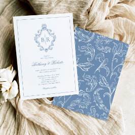 Rococo Vintage Monogram Blue Bröllop Inbjudningar