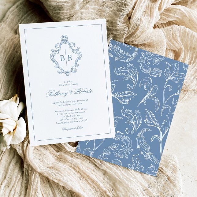 Rococo Vintage Monogram Blue Bröllop Inbjudningar (Skapare uppladdad)