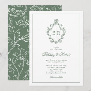 Rococo Vintage Monogram Salvia Grön Bröllop Inbjudningar