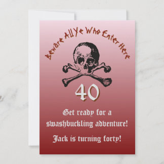 Röd 40-års födelsedagskalle och korsben piratskepp inbjudningar