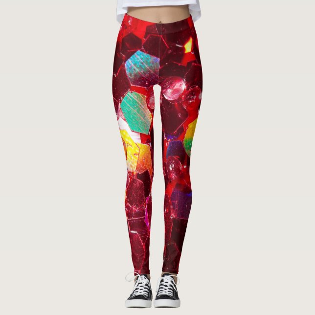 Röd abstrakt, glänsande glitter mönster leggings (Framsida)