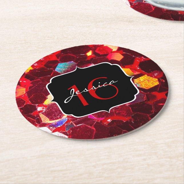 Röd abstrakt, glänsande glitter mönster Sweet 16 Underlägg Papper Rund (Vinklad)