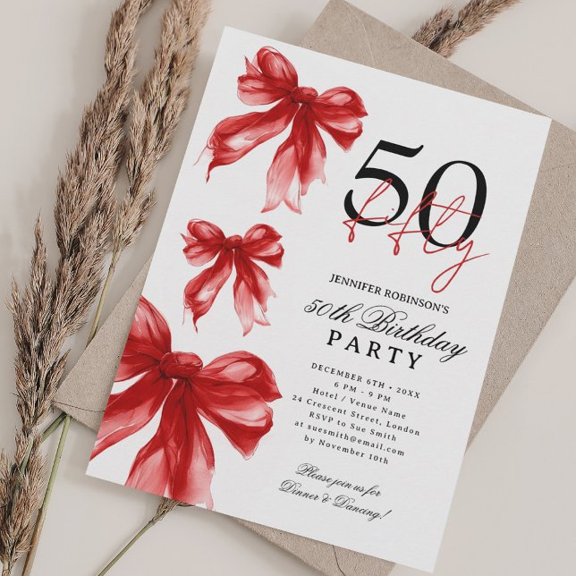 Röd akvarell Coquette Bow 50-årsfest Inbjudningar (Red Watercolor Coquette Bow 50th Birthday Party Invitation)
