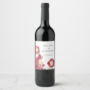Röd akvarell peony bröllop tack vinflaska etikett