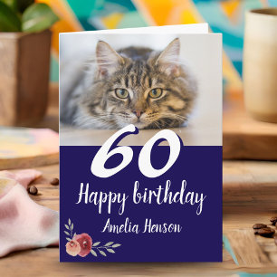 Röd akvarell ros katt foto 60-årsdag  kort