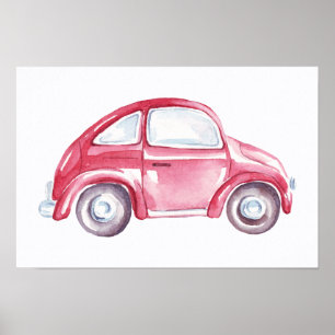 Röd akvarell vintage retro buggy bug bil poster