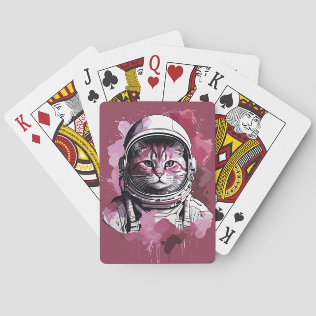 Röd akvarellastronautkatt casinokort (Baksidan)