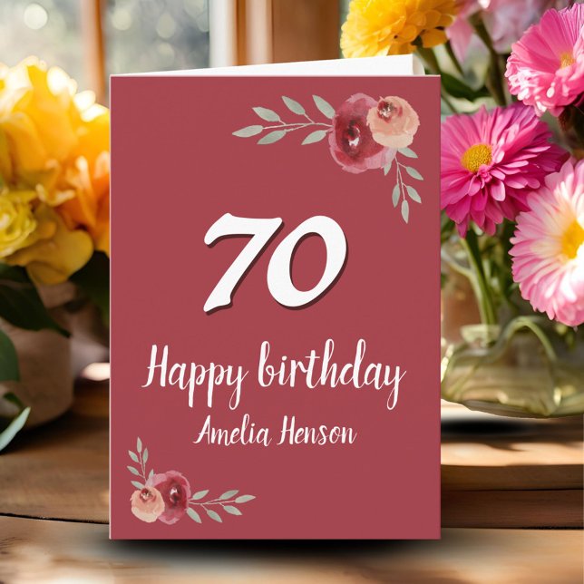 Röd akvarellros blomstergivare för 70-årsdag kort (Skapare uppladdad)