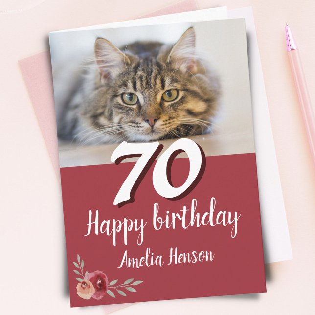 Röd akvarellros kattfoto 70-årsdag kort (Skapare uppladdad)