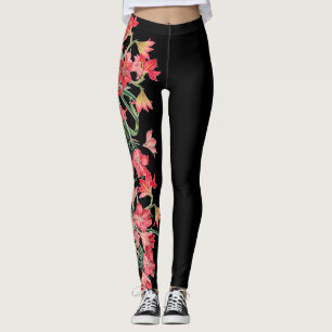 Röd Amarylis blommablommigt All över tryckdamask Leggings