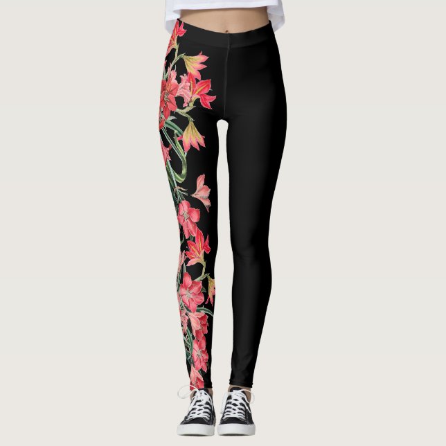 Röd Amarylis blommablommigt All över tryckdamasker Leggings (Framsida)