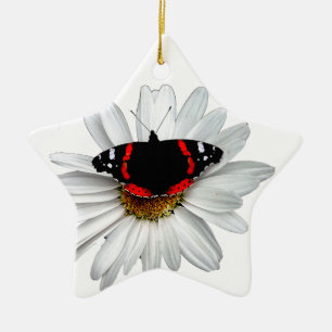 Röd amiralfjäril på blomma julgransprydnad keramik
