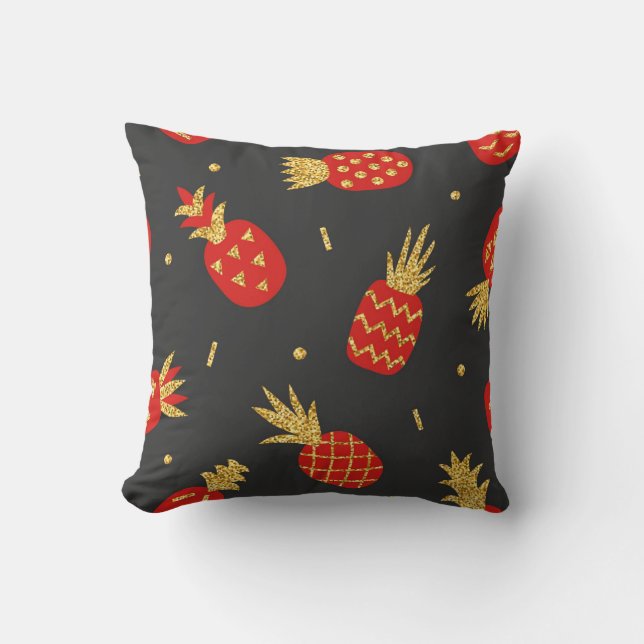 Röd ananas, glitter, svart bakgrund. kudde (Framsida)