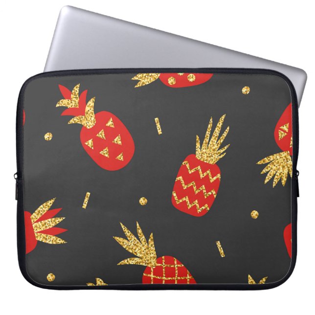 Röd ananas, glitter, svart bakgrund. laptop fodral (Framsidan)
