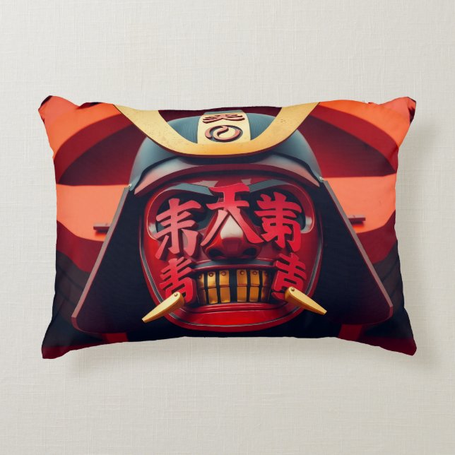 Röd anime-samurajmask prydnadskudde (Framsidan)