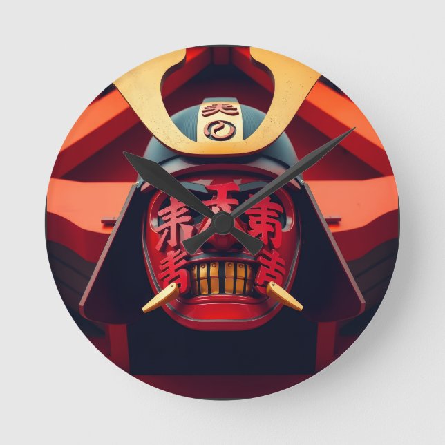 Röd anime-samurajmask rund klocka (Framsida)