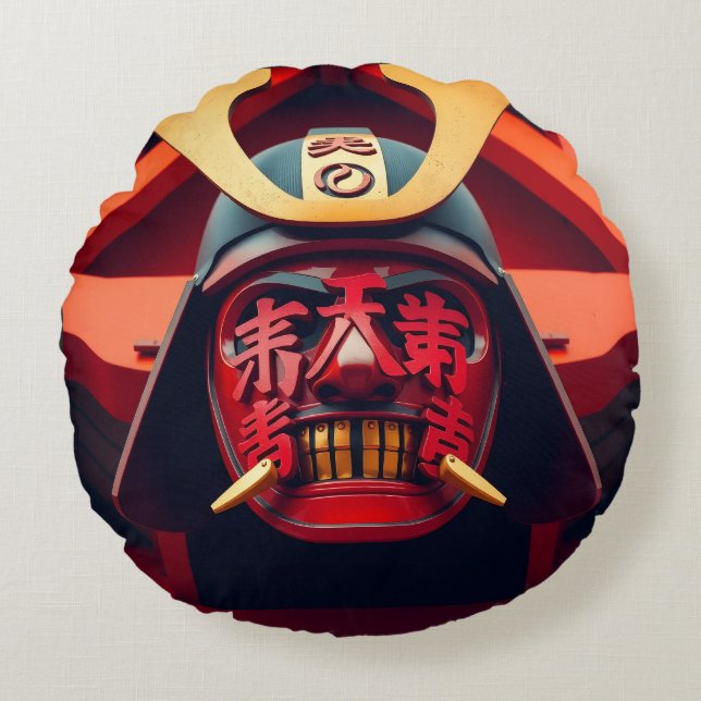 Röd anime-samurajmask rund kudde (Framsidan)