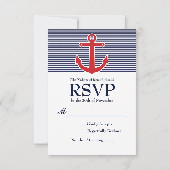 Röd Ankar Marin Randig RSVP-svarskort OSA Kort (Framsida)