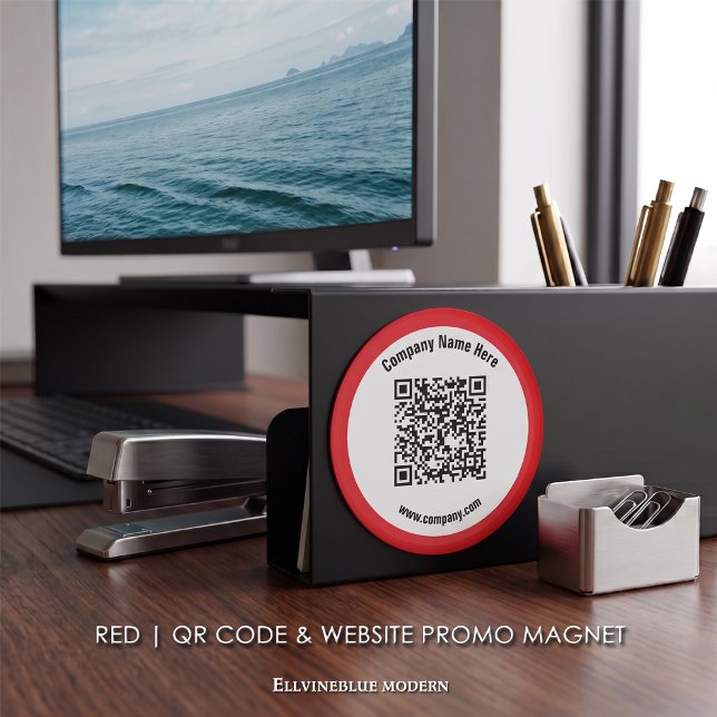 Röd anpassad QR-kod och webbplats Promo  Magnet (Red Magnet | A polished layout created to showcase your QR Code, Name, & Website.)