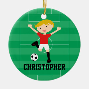 Röd anpassadefotbollpojke 1 och vit julgransprydnad keramik