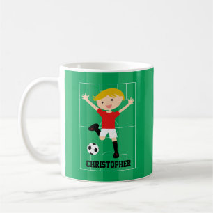 Röd anpassadefotbollpojke 1 och vit kaffemugg